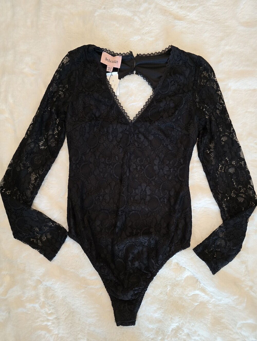 Bohemian Sheer Black Lace Long-Sleeve V-Neck Bodysuit (NWT)